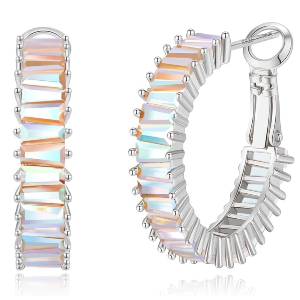 Iridescent Baguette Hoop Earrings - Silver